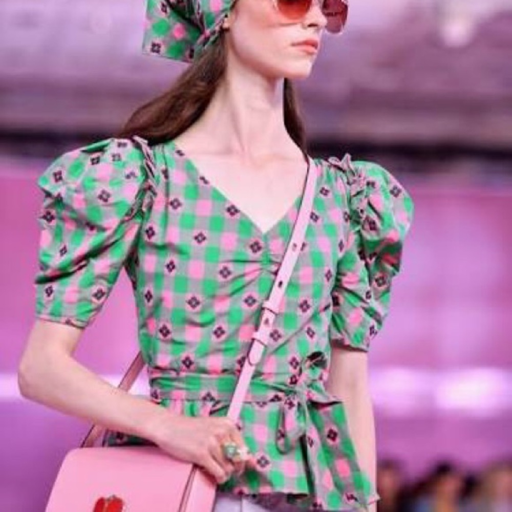 NWOT kate spade Pink and Green Checked Peplum Blouse with Puff Sleeves with sash